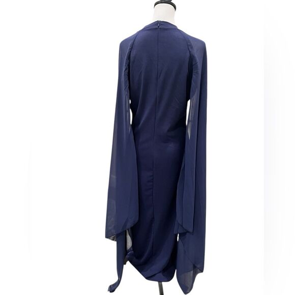 Evening Gown Chiffon Cape Sleeve Maxi Dress Slit Dark Blue Size Large NWOT - Picture 4 of 14